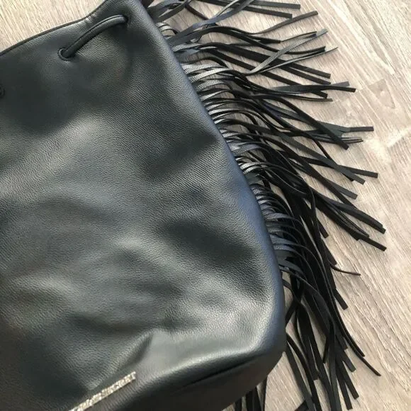 Victoria's Secret Drawstring Fringe Backpack Bag Large Black‎ Purse READ - Picture 4 of 12